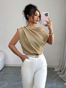 Blusa de unicolor con cuello asimétrico y plisado a la moda para mujeres - Caqui - Ver 1