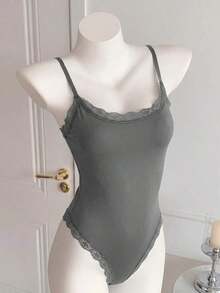 Body Con Tirantes Finos Y Ribete De Encaje Para Mujer - Gris Oscuro - Ver 6
