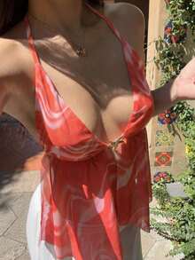 Camiseta de tirantes sexy con efecto cross y espalda descubierta, cuello Halter con teñido anudado para mujer - Rojo y blanco - Ver 8