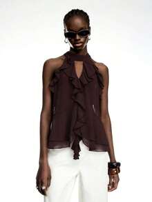 Elegant Solid Color Halter Top With Ruffles For Women - Whole Grain Coffee - View 8