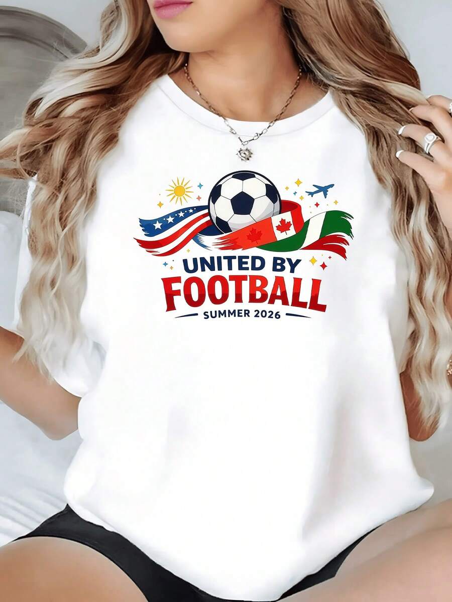 Flags Surrounding A Soccer Ball Symbolizing The Union Between Countries Under The Sun And The Traveling Spirit Of World Sport. Modern Women's T-Shirt For Soccer Fans 2026 - 白色 - 查看 1