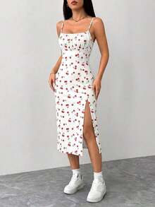 Vestido de mujer de talla grande con ajuste delgado, abertura lateral, tirantes tipo espagueti y estampado floral pequeño - Blanco - Ver 6