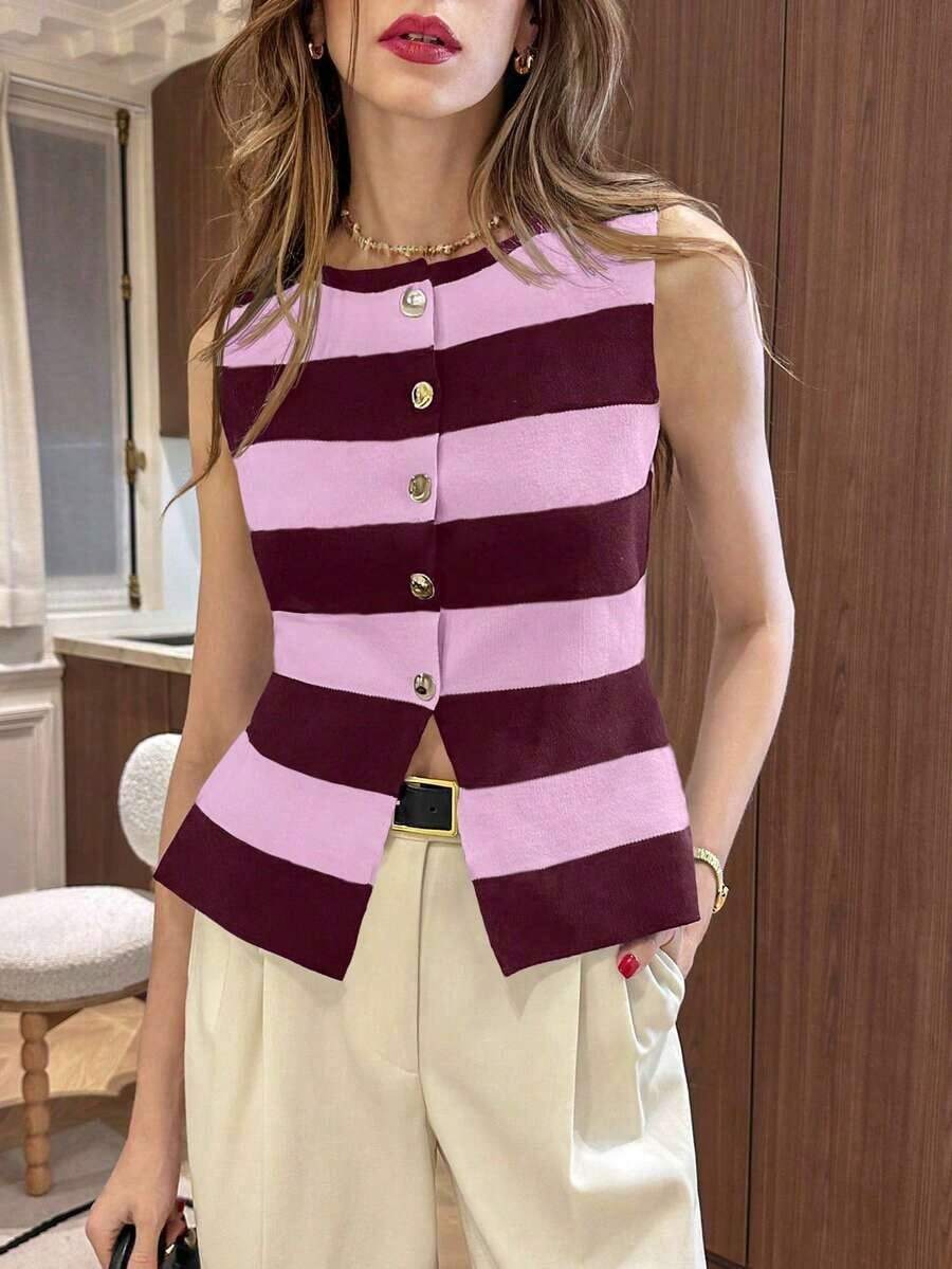 Top ajustado de punto con abertura y botón metálico asimétrico en el bajo, cuello redondo, de estilo francés minimalista y de moda, a rayas en blanco y negro, versátil, de tejido liso, para uso diario, viajes y vacaciones, apto para primavera/ver - Rosa Roja - Ver 1
