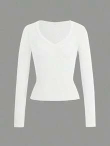Top de punto ajustado y sexy para mujer, manga larga, cuello en V, color sólido, camiseta casual de primavera, blanca. - Blanco - Ver 8