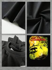 Vibrant Jungle Adventure Scene With A Child Swinging Between Trees And A Majestic Animal Symbolizing Freedom And Connection With Nature. Comfortable Women's T-Shirt For Everyday Wear Made Of Soft And Breathable Fabric. - 黑色 - 查看 4