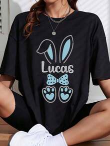 1 Piece Of White T-Shirt With Bunny Ear Bow And Paw Prints, Name Lucas, Spring Outfit For Women, 180g, 100% Cotton. - 黑色 - 查看 12
