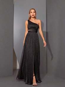 Vestido de malla con un hombro asimétrico, pecho fruncido, recorte hueco y abertura alta en A, vestido de dama de honor para boda, color rosa, primavera - Negro - Ver 7