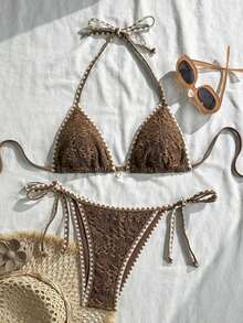 Conjunto de bikini de 2 piezas para mujer de verano con tela jacquard de unicolor, volantes en el borde y tirantes ajustables - Marrón - Ver 3