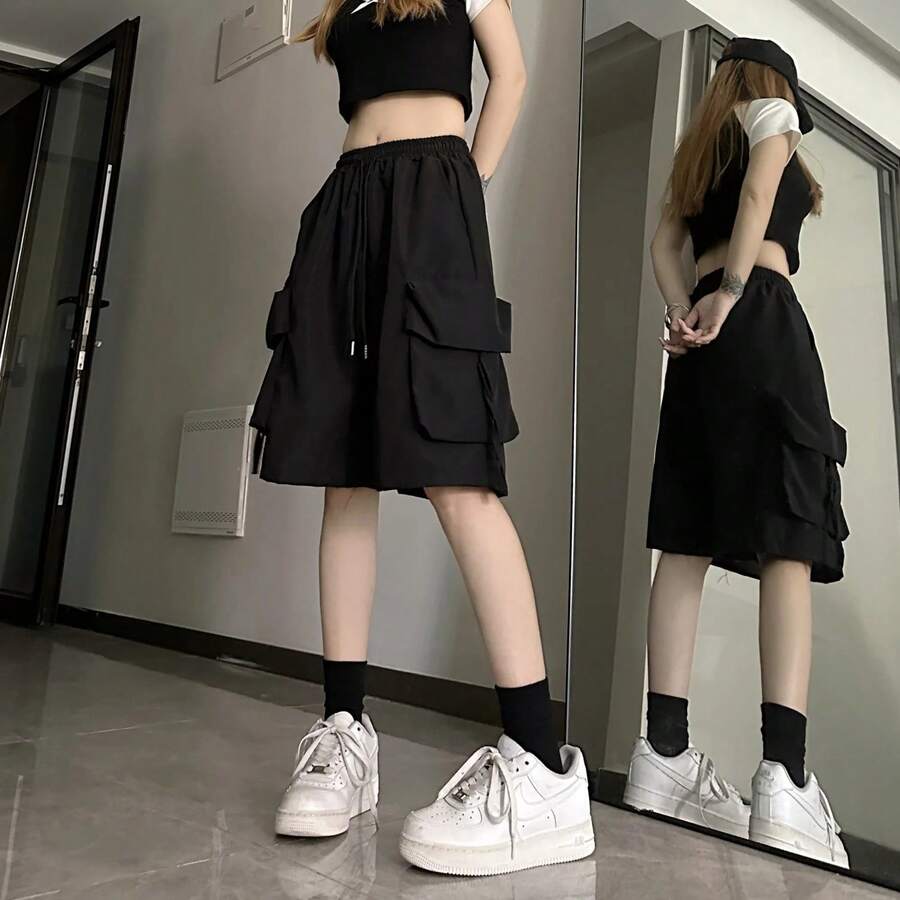 Pantalones cortos Cargo Y2K para mujer, pantalones cortos Harajuku negros de pierna ancha de gran tamaño, ropa de calle de verano, pantalones cortos holgados de cintura alta a la moda, novedad de 2025 - Negro - Ver 1