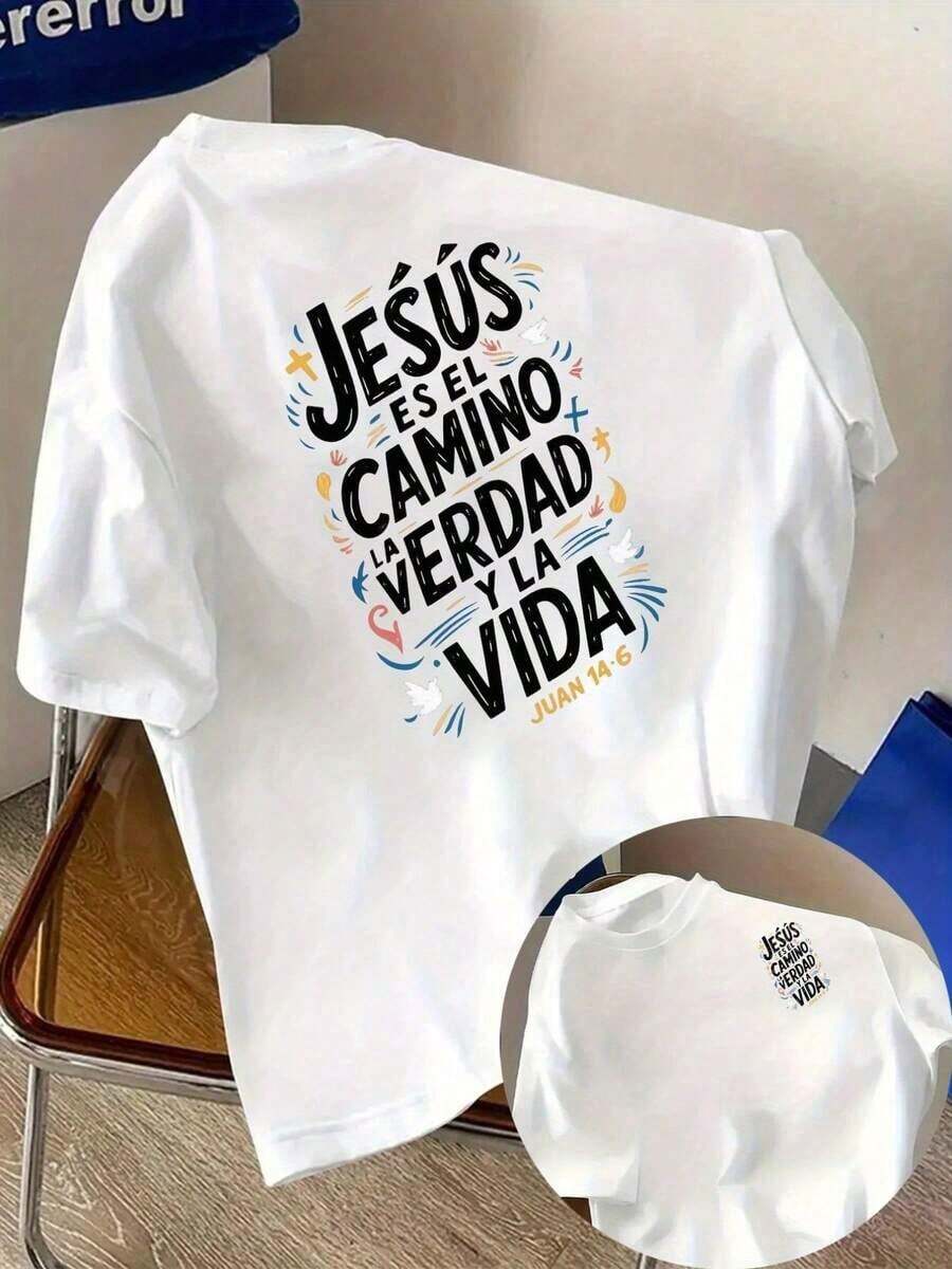 Christian Faith T-Shirt With Spanish Bible Verse John 14:6 - Jesus Is The Way, The Truth, And The Life - Casual White Short Sleeve T-Shirt For Church, Breathable Crew Neck For Casual Wear And Religious Events, Machine Washable, Medium Stretch Fabric, Regular Fit, Inspirational Spanish Scripture Design, Ideal For Summer And Casual Outings, Jesus Is The Way To Life, Christian Clothing - 白色的 - 查看 1