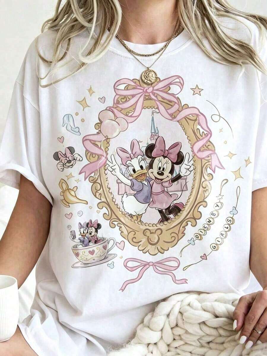 Disney Cartoon Pink Cat Ear Girl Printed T-Shirt, Suitable For Daily Wear, Easy To Wear In Summer, Micro-Elastic, Soft Round Neck Casual Daily Shirt, Round Neck Summer Sweatshirt, For Both Men And Women, Loose Version, Holiday Gift.--Disneys Disneyland Paris The Magic Kingdom Disneyesque The House Of Mouse Mickey Mouse Empire Modest Summer Outfits Take That T Shirt Summer Coord Tops For Women Summer Summer Clothes Women Summer Clothes Summer Tops Summer Tops Women Summer Co Ord Summer Top Summer Outfits White Top Black Top Holiday Outfits For Women  Tops For Women Summer Holiday Gifts Valentine's Day Gifts Earth Day Gifts Oktoberfest Gifts Summer Bank Holiday Gifts - White - View 1