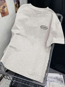 New White Short Sleeve Summer T-Shirt, English Print, Loose Fit, For Petite Women, Casual In-Style - 淺灰色 - 查看 6
