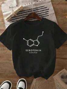 SimpieAndVersatileDesign1 Women's T-Shirt With Serotonin Molecule Print - Relaxing And Casual Design, Ideal Clothing For Psychology & Science Lovers. Lightweight And Comfortable White Crew Neck, Machine Washable Year-Round - 黑色 - 查看 1