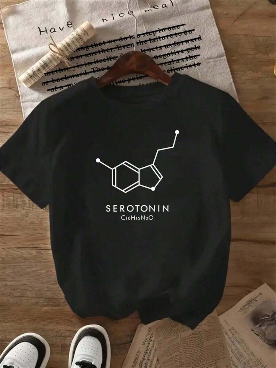 SimpieAndVersatileDesign1 Women's T-Shirt With Serotonin Molecule Print - Relaxing And Casual Design, Ideal Clothing For Psychology & Science Lovers. Lightweight And Comfortable White Crew Neck, Machine Washable Year-Round - 黑色 - 查看 1