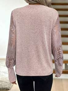 Blusa de mujer con mangas de encaje floral, parches y tejido de gofre, color blanco - Rosa vieja - Ver 2