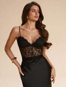 Vestido ajustado y transparente con parches de encaje negro, vestido largo con parches de encaje y satén, adecuado para vacaciones, playa, dama de honor, boda, primavera y verano - Negro - Ver 6