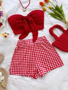 2 piezas Conjunto de top corto a rayas y shorts de cintura alta para mujer, adecuado para vacaciones, citas, té de la tarde, playa, crucero, viaje a la ciudad, festival de música, estilo bohemio de playa - Multicolor 3 - Ver 1