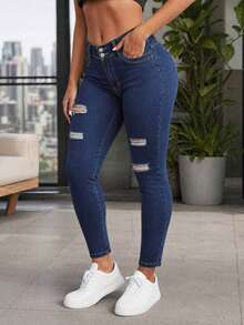 Pantalones vaqueros elásticos ajustados para mujer, rotos con doble botón, jeans de color azul oscuro natural, estilo casual y viaje, Jeans ajustados elásticos con curvy - Azul - Ver 4