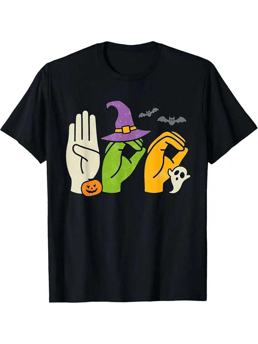 Compra la camiseta de Halloween B Hands ASL para hombre con divertidos estampados, camisetas casuales y regalos navideños. - Negro - Ver 1