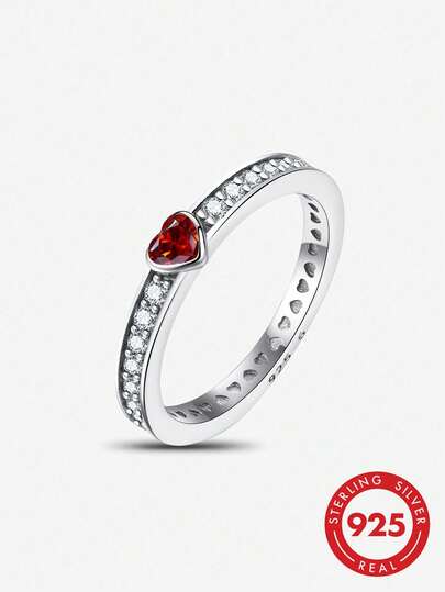 1 pieza Anillo con forma de corazón rojo, Anillo de promesa elegante de plata de ley S925, regalo de joyería para novia, boda