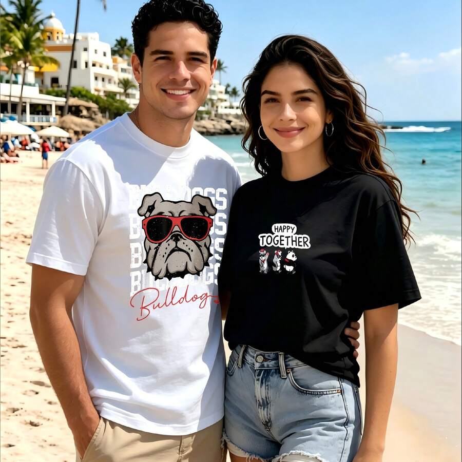 2-Piece Couple Matching Pattern T-Shirt, 100% Cotton, Loose Fit, Soft And Breathable, Casual Round Neck Short Sleeved Top Graffiti Art Design With Woman Portrait Versatile Patterns No Picky Combinations Coordinated Dating Casual Travel Simple And Cartoonish Printing Styles High Cost-Effectiveness - 白色 - 查看 1