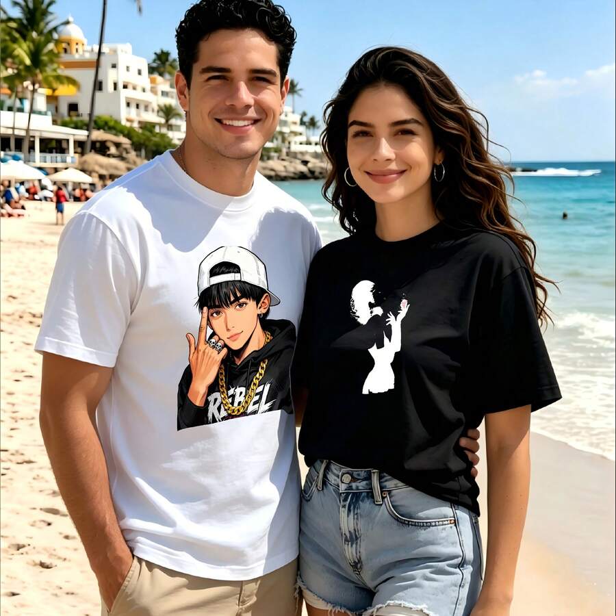 2-Piece Couple Matching Pattern T-Shirt, 100% Cotton, Loose Fit, Soft And Breathable, Casual Round Neck Short Sleeved Top New York City Skyline Lips Look On The Bright Side Hearts Versatile Patterns No Picky Combinations Coordinated Dating Casual Travel Simple And Cartoonish Printing Styles High - 白色 - 查看 1