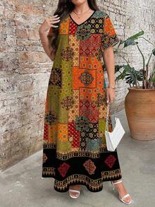 Plus Size Women's Retro Floral Print V-Neck Short Sleeve Maxi Dress, Elegant Summer Holiday Dresses - 多色 3 - 查看 3
