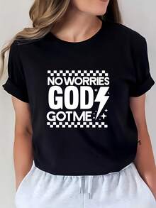 Camiseta de mujer "No te preocupes, Dios está conmigo" - Camiseta de fe de manga corta y cuello redondo, adecuada para la iglesia, festivales de música de verano y como regalo, ropa religiosa informal, lavable a máquina, también adecuada para eventos fuera de la iglesia y regalos corporativos. - Negro - Ver 7