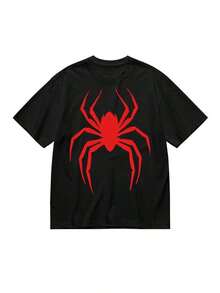 Casual T-Shirt With Cartoon Spider Print, One Size Fits Most, Soft Cotton Blend, Stretchy And Machine Washable, Black With Red Spider Design, Loose Fit. Classic Cotton Basic Shirt, Easy To Match With Various Styles - 黑色 - 查看 1