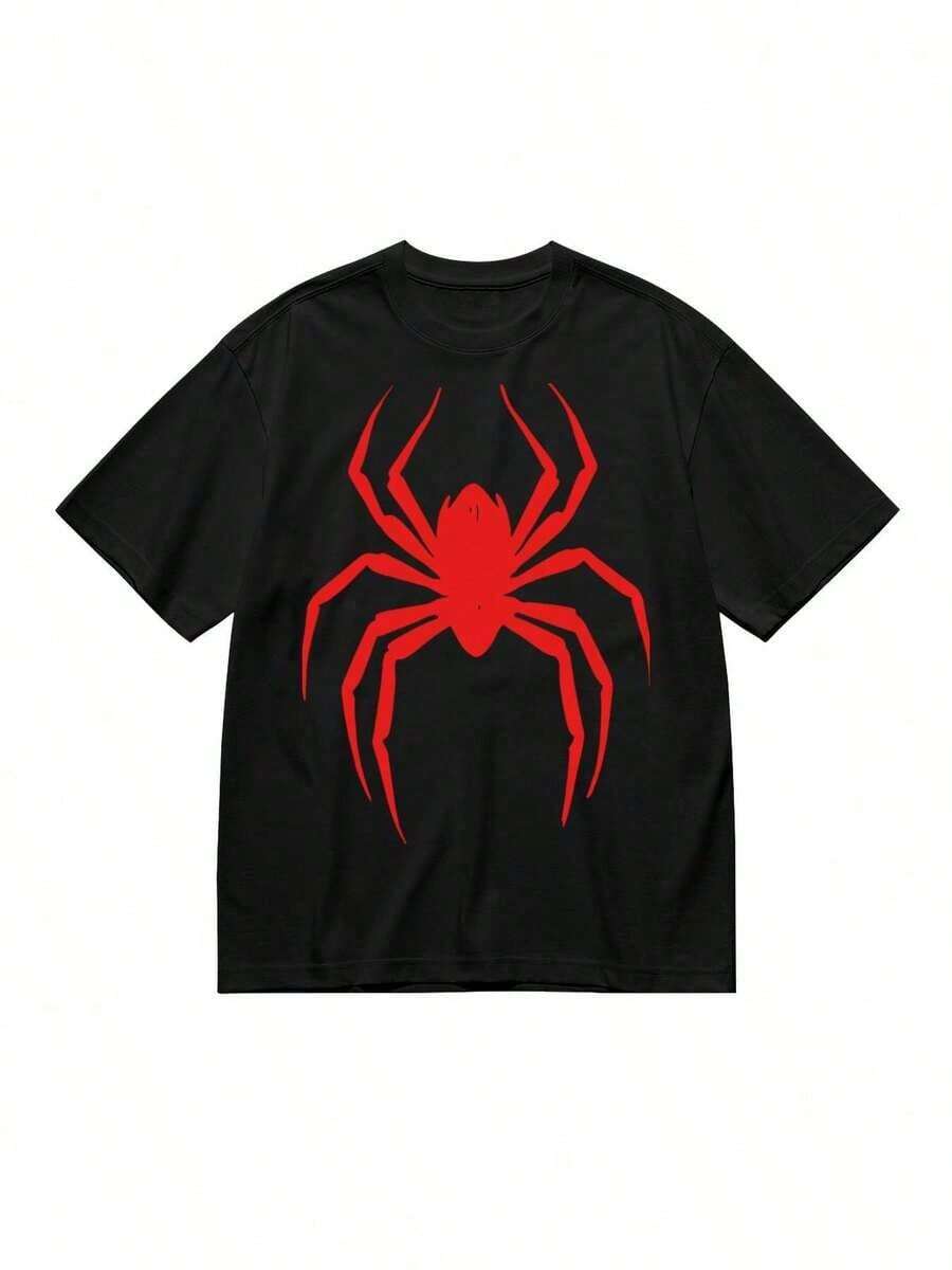 Casual T-Shirt With Cartoon Spider Print, One Size Fits Most, Soft Cotton Blend, Stretchy And Machine Washable, Black With Red Spider Design, Loose Fit. Classic Cotton Basic Shirt, Easy To Match With Various Styles - 黑色 - 查看 1