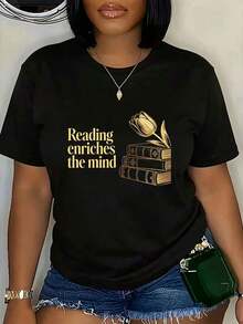 ComfortableCamiseta con Estampado "Reading Enriches The Mind" de Tulipán y Libro, Blusa Informal Holgada de Manga Corta para Mujer, Top de Algodón con Tulipán Dorado Vintage, Camisa Cómoda para Uso DiarioLoose Versatile Short Sleeve T-shirt for Women - Negro - Ver 1