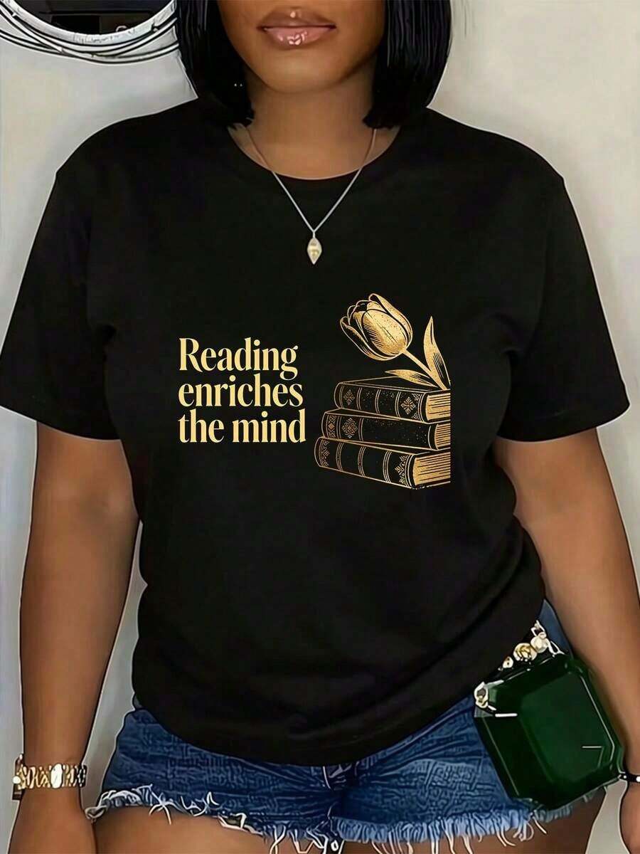 ComfortableCamiseta con Estampado "Reading Enriches The Mind" de Tulipán y Libro, Blusa Informal Holgada de Manga Corta para Mujer, Top de Algodón con Tulipán Dorado Vintage, Camisa Cómoda para Uso DiarioLoose Versatile Short Sleeve T-shirt for Women - Negro - Ver 1