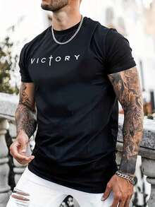 Camiseta de manga corta casual con gráfico de letras para hombres, verano, otoño - Negro - Ver 6
