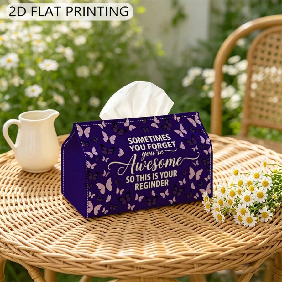 1pc Purple Butterfly Inspirational Quote Tissue Box, Positive Energy Theme Paper Towel Holder, Creative Fabric Desktop Decor Storage Box For Home & Office - Multicolor - View 1