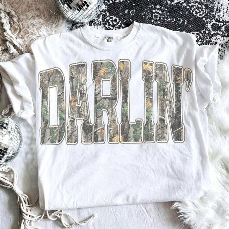 Retro Camo Western-Shirt, Darlin Retro Camo Country Distressed Cowboy Quote, Camouflage Shirt, Western Concert Shirt, Tee Summer Top Graphic Tees Summer Shirts - 白色 - 查看 1