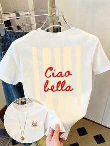 Camiseta de mujer con estampado "Ciao Bella", top de manga corta y cuello redondo elegante, de verano casual con gran elasticidad, color blanco-Vintage Street Style Unisexoose Cotton Short Sleeve Crew Neck T-Shirt - Blanco - Ver 1