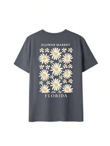 Women's Loose Fit T-Shirt With Sunflower And Letter Print, Short Sleeve And Round Neck, Casual And Modern, Ideal For Spring, Holidays And Outings - 深灰色 - 查看 2