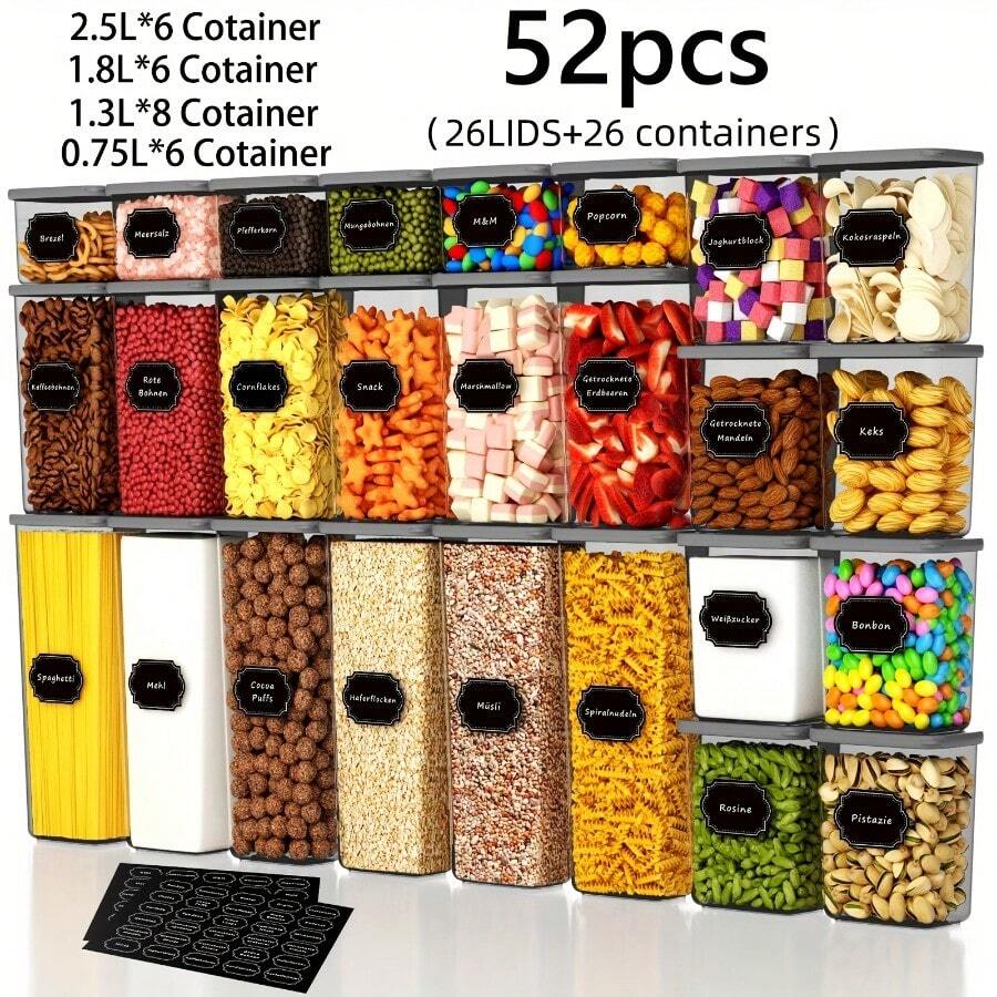 52pcs Food Storage Containers Set With Lids, Plastic Dry Food Canisters For RV Kitchen Pantry Organization, Dishwasher , With Labels - View 1