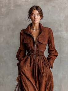 Solapa de cremallera de mujer, cintura elástica, vestido largo de vacaciones, estilo de vestir de mujer - Café - Ver 2