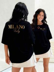 Texto dorado elegante Milano Italia camiseta para mujer 100% algodón representa la sofisticación italiana. Camiseta de calidad y a la moda. Adecuada para primavera, verano y otoño. - Negro - Ver 7