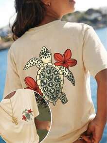 Conjuntos de mujer: Camiseta de verano para mujer con estampado de tortuga tropical y plumeria en la espalda, de corte holgado, cuello redondo, manga corta, estilo casual para vacaciones. - Albaricoque - Ver 1