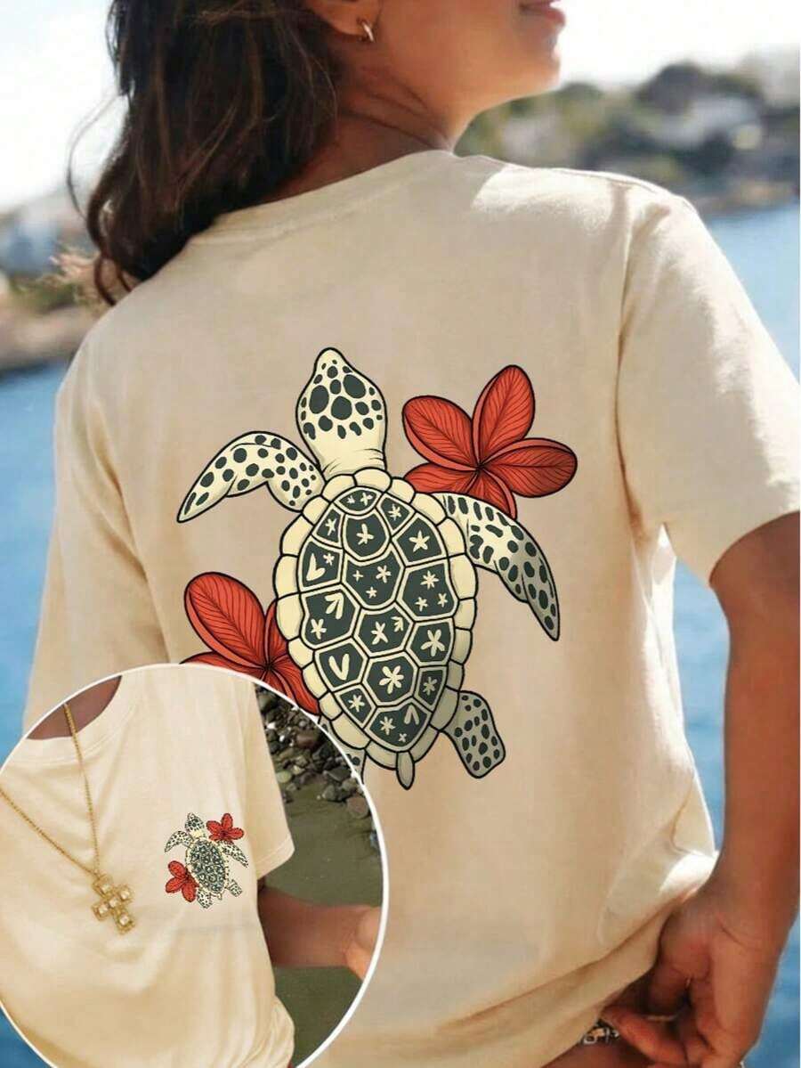 Conjuntos de mujer: Camiseta de verano para mujer con estampado de tortuga tropical y plumeria en la espalda, de corte holgado, cuello redondo, manga corta, estilo casual para vacaciones. - Albaricoque - Ver 1