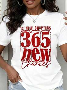 Camiseta de Cuello Redondo para Mujer, Estampado '12 Nuevos Capítulos 365 Nuevas Oportunidades', Manga Corta, Casual, Uso Diario, Camiseta Gráfica Motivacional para Mujer, Blusas para Mujer - Blanco - Ver 1
