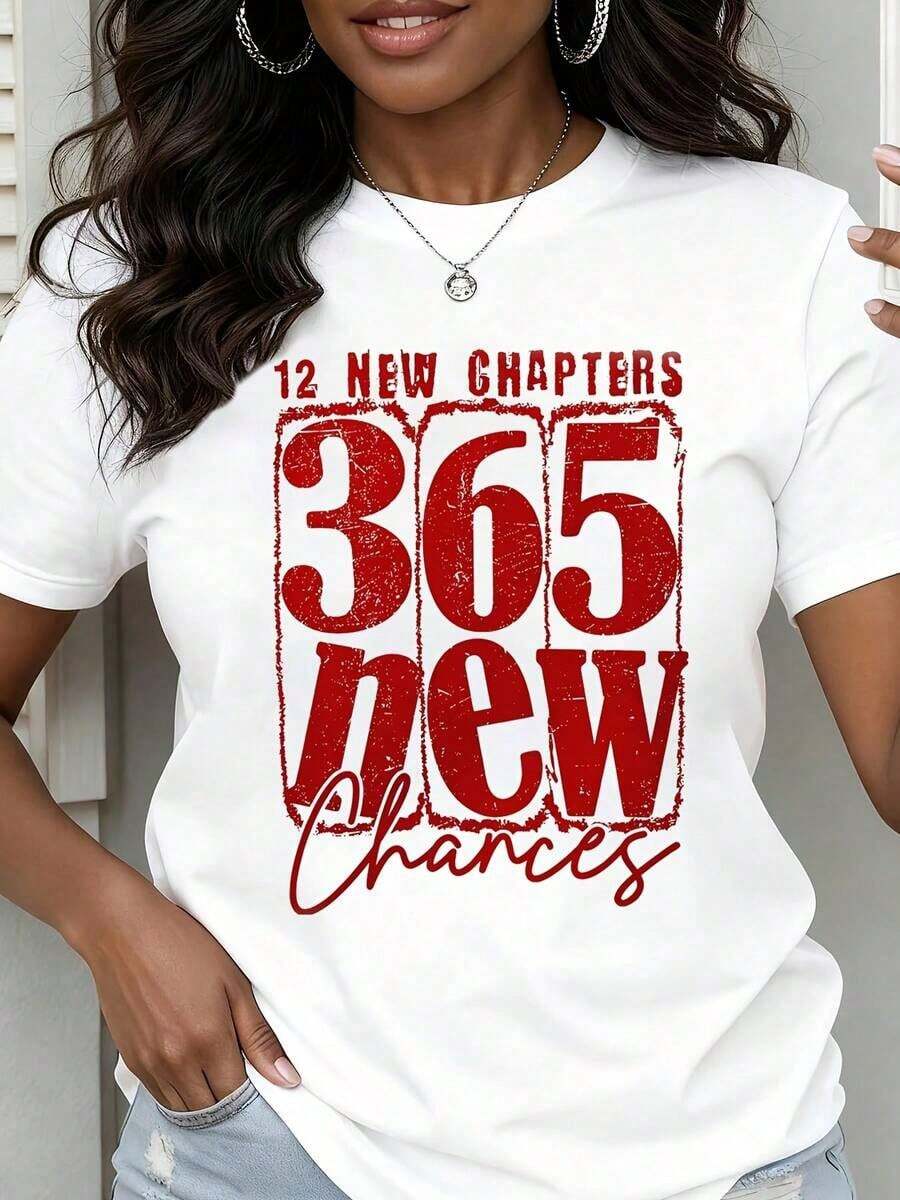 Camiseta de Cuello Redondo para Mujer, Estampado '12 Nuevos Capítulos 365 Nuevas Oportunidades', Manga Corta, Casual, Uso Diario, Camiseta Gráfica Motivacional para Mujer, Blusas para Mujer - Blanco - Ver 1