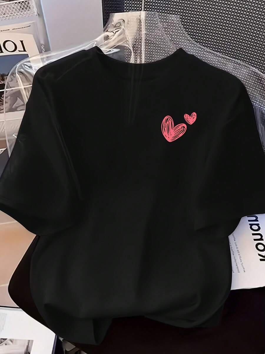 Elegant Women's Shirt, Casual Short-Sleeve Round-Neck Heart Print T-Shirt, Machine Washable - Perfect For Casual Wear And Leisure Outfits - 黑色 - 查看 1