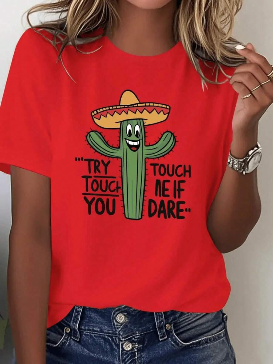 Comfortable Women's T-Shirt With A Smiling Cactus Print Wearing A Hat, A Modern And Original Design, Ideal For A Casual And Fun Look. Loose, Versatile Short-Sleeve T-Shirt For Women. - 紅色的 - 查看 1