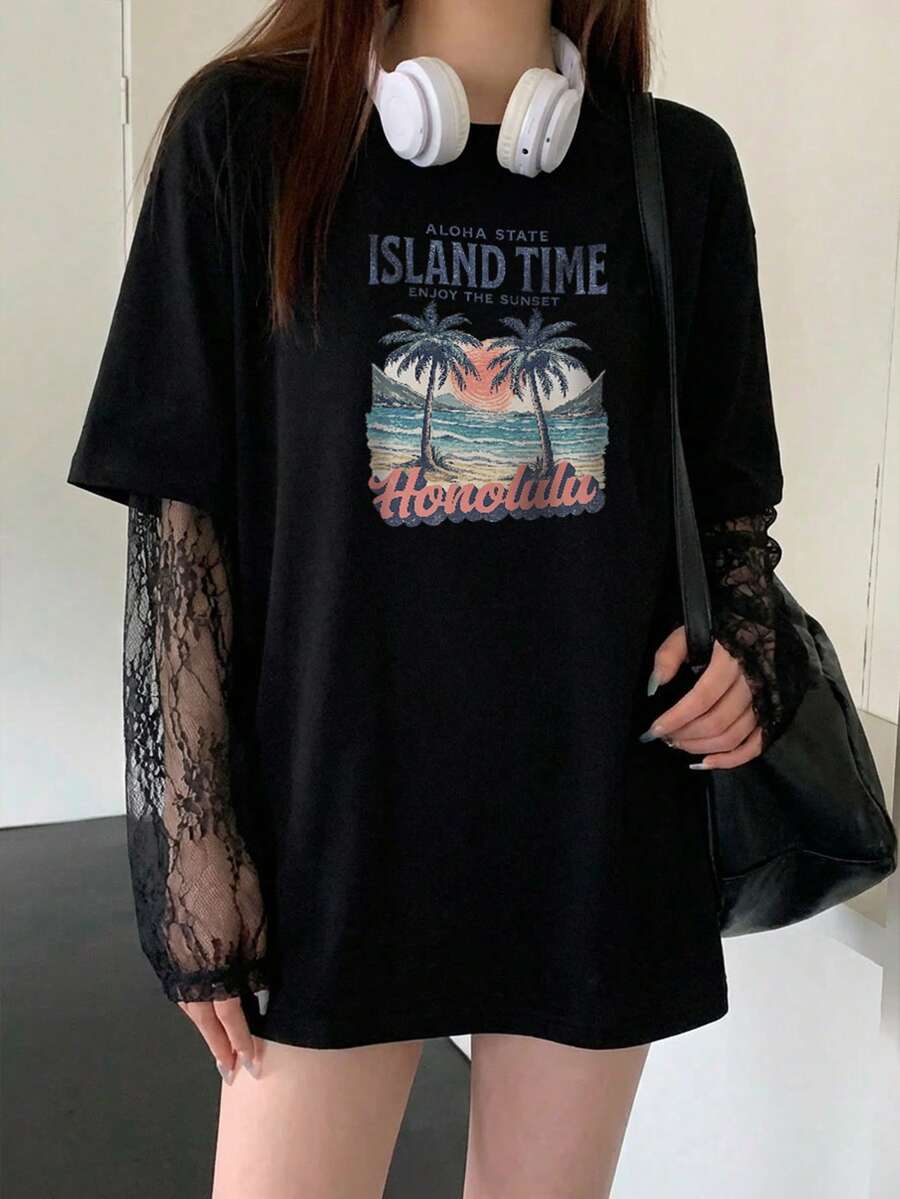星河女孩春夏秋四季假两件套黑色网纱袖圆领宽松新款女式T恤长袖蕾丝拼接袖日落海滩风景印花时尚套装 - 2A10黑色-KJ0390 - 查看 1