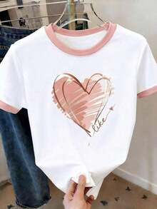 Women's Short-Sleeved T-Shirt With Color Block Heart Print, Romantic Valentine's Day Gift - 粉色 - 查看 3