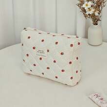 Stylish Quilted Strawberry Dot Design Makeup Pouch, A Fashionable And Portable Storage Solution. This Multifunctional Bag Offers Ample Space For Travel Essentials, Including Toiletries, A Tote For Your Phone, And Compartments For Coins And Small Items - Multicolor - View 6
