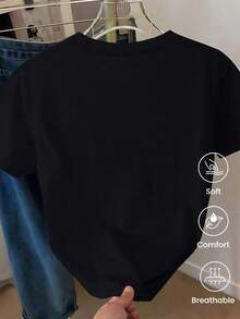 180g Made In Mexico, Spring/Summer 2026 Fashion Short Sleeve T-Shirt, Cartoon Print, Couple Style, Underwear/Outerwear, Casual Round Neck For Office, Unisex One Piece Top - 黑色 - 查看 3